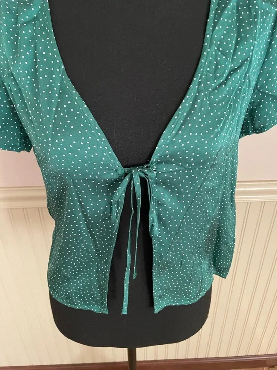 Aerie Off-Duty Satin Emerald Green Polka Dot Tie-Front Blouse size XS - Picture 6 of 13